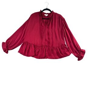 Umgee USA Red Ruffle Peplum Blouse Small V-Neck Long Sleeve‎ Boho Top